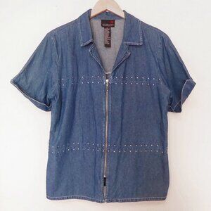 2000s Y2K denim zip up short sleeve shirt with stud embellishments size 14